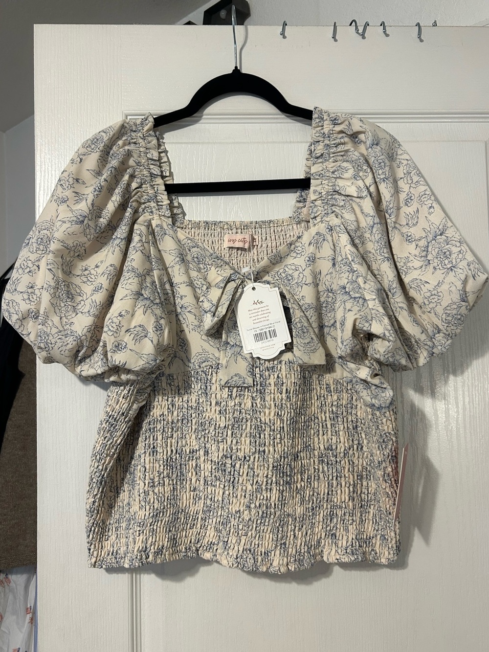 Ivy City Co Suzie Cream Top with Blue Floral Print and Puff Sleeves